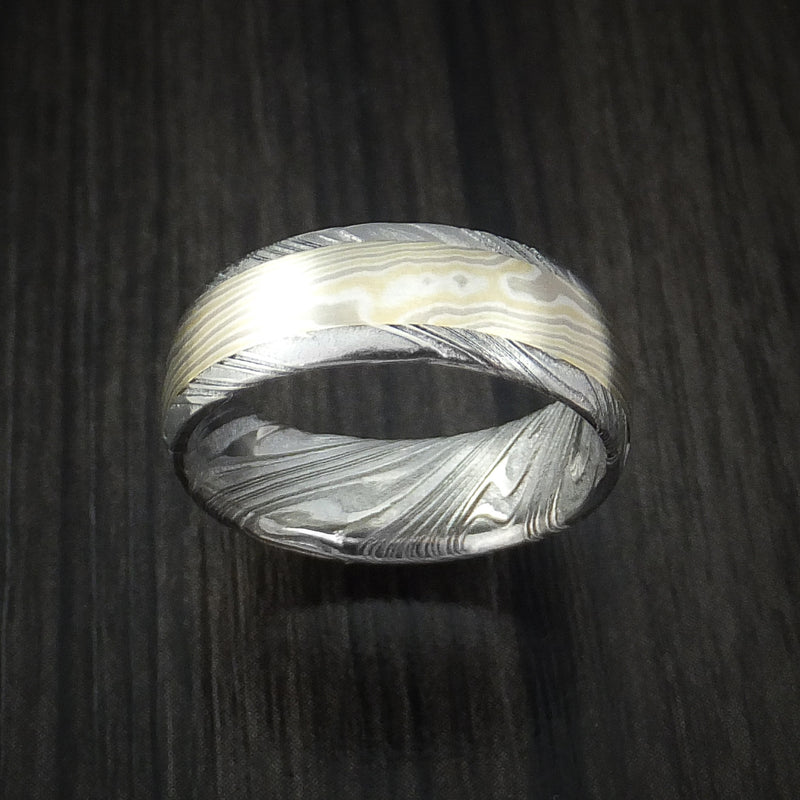 Kuro Damascus and 18k Yellow Gold and 14k White Gold Mokume Gane Ring Custom Made