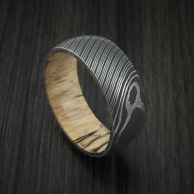 Damascus Steel Ring with Spalted Tamarind Hardwood Interior Sleeve Custom Made