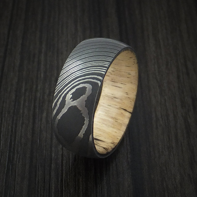 Damascus Steel Ring with Spalted Tamarind Hardwood Interior Sleeve Custom Made