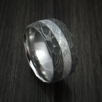 Gibeon Meteorite in Hammered Damascus Steel Wedding Band