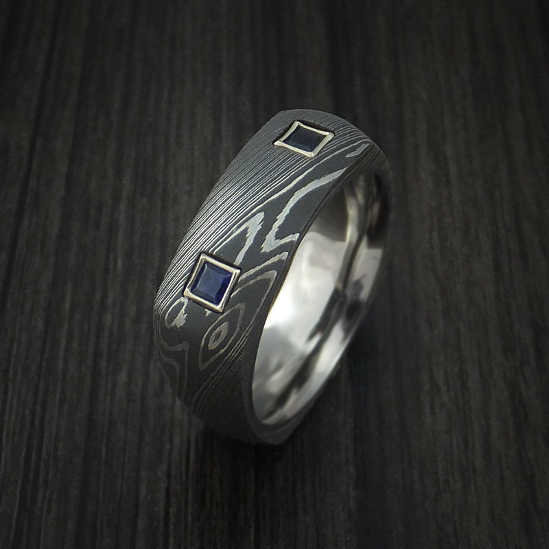 Damascus Steel Square Men's Ring with Titanium Sleeve and Sapphires Cu ...