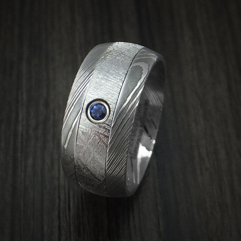 Damascus Steel and Gibeon Meteorite Ring with Sapphire set in Gold Custom Made Band