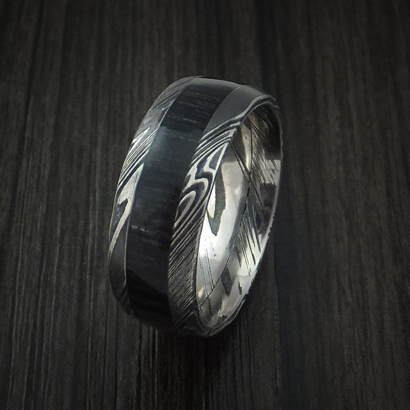 Kuro Damascus Steel Ring with Charcoal Hardwood Inlay Custom Made Band