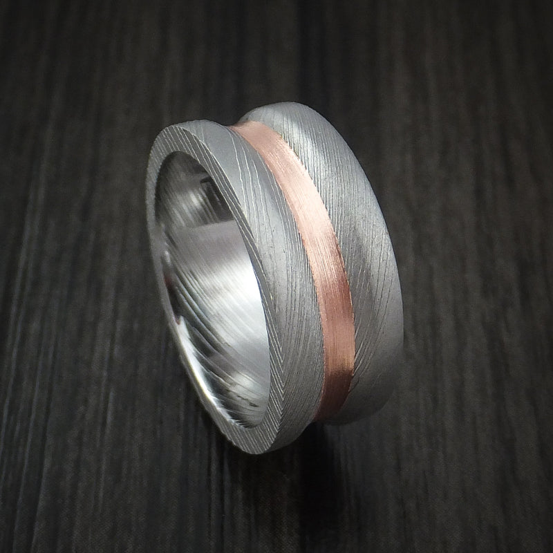 Damascus Steel and Copper Concave Ring Custom Made