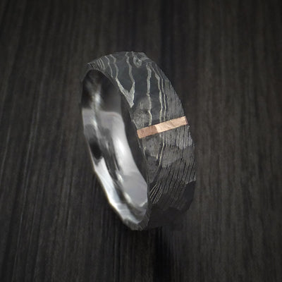 Damascus Steel Ring with Rock Hammer Finish and Vertical 14k Rose Gold Inlay Custom Made Band