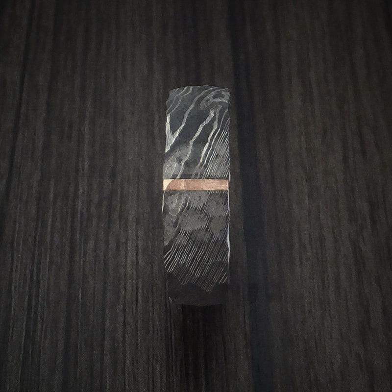 Damascus Steel Ring with Rock Hammer Finish and Vertical 14k Rose Gold Inlay Custom Made Band