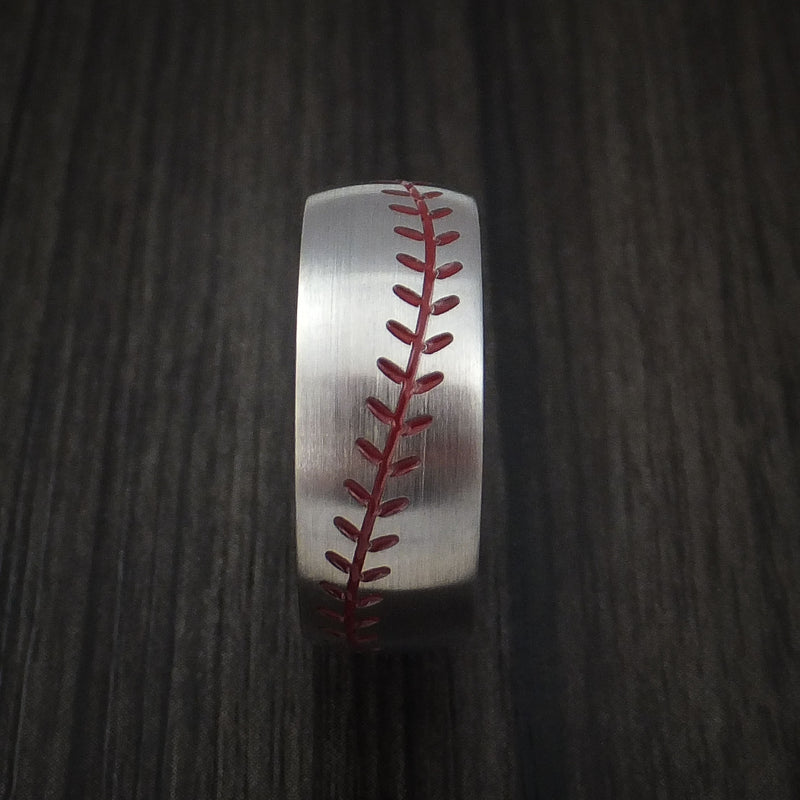 Titanium Baseball Men's Ring with Red Stitching and Anodized Sleeve Fa ...