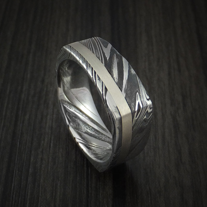 Kuro Damascus Steel Square Ring with 14k White Gold Inlay Custom Made Band