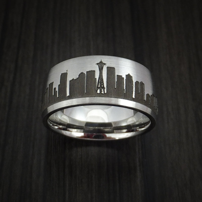 Cobalt Chrome Ring with Seattle Skyline Cityscape Custom Made Band