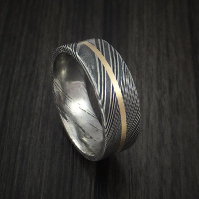 Kuro Damascus Steel Ring and 14k Yellow Gold Wedding Band Genuine Craftsmanship Custom Made