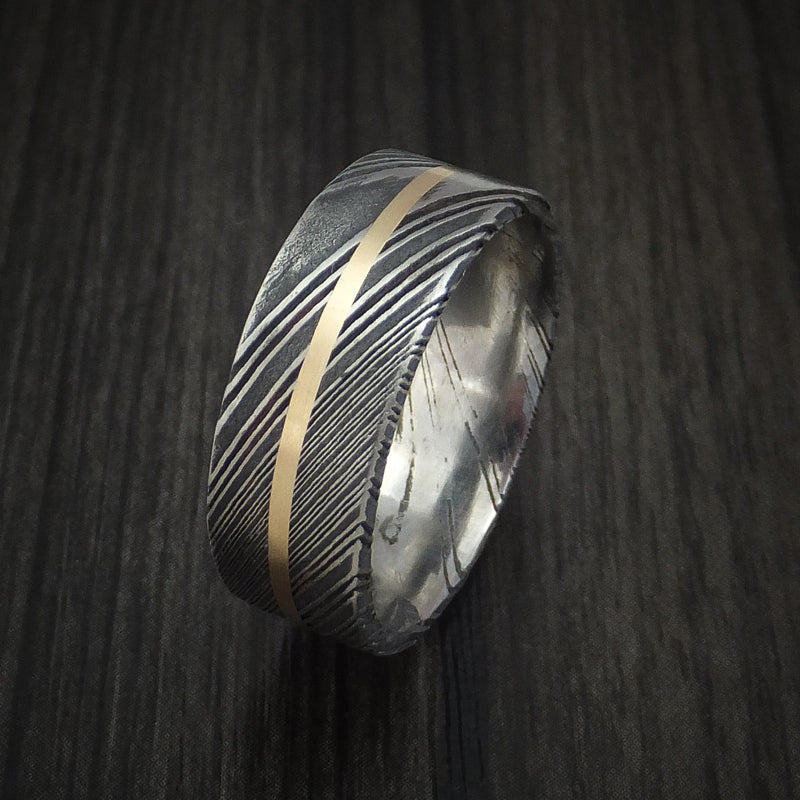 Kuro Damascus Steel Ring and 14k Yellow Gold Wedding Band Genuine Craftsmanship Custom Made