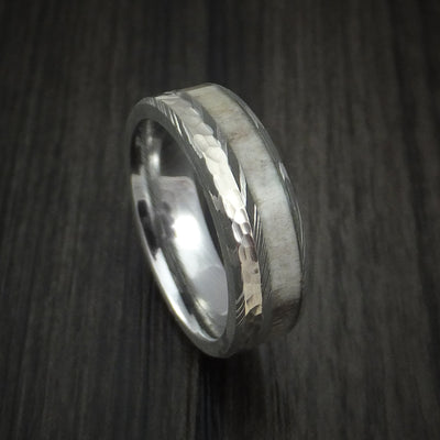 Damascus Steel with Hammered 14k White Gold and Antler Custom Made Ring
