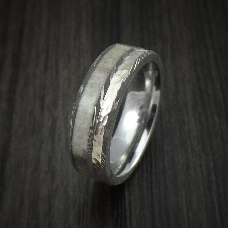Damascus Steel with Hammered 14k White Gold and Antler Custom Made Ring