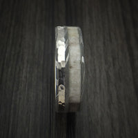 Damascus Steel with Hammered 14k White Gold and Antler Custom Made Ring