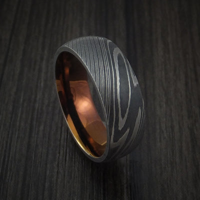 Damascus Steel Ring with Anodized Titanium Interior Sleeve Custom Made