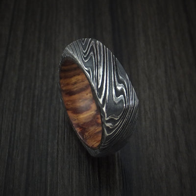 Kuro Damascus Steel Square Ring with Cocobolo Hardwood Sleeve Custom Made Band