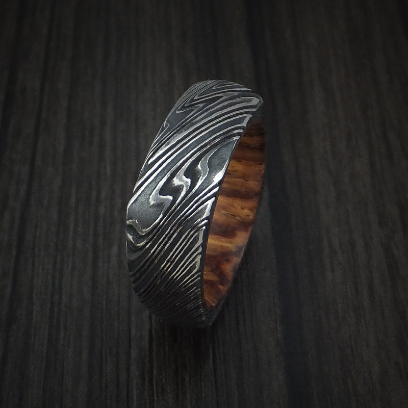 Kuro Damascus Steel Square Ring with Cocobolo Hardwood Sleeve Custom Made Band