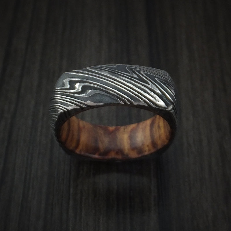 Kuro Damascus Steel Square Ring with Cocobolo Hardwood Sleeve Custom Made Band