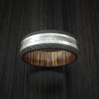 Damascus Steel Ring with Silver Inlays and Teak Hardwood Sleeve