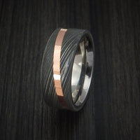 Damascus Steel Ring with Angled Copper Inlay and Titanium Sleeve Custom Made Band