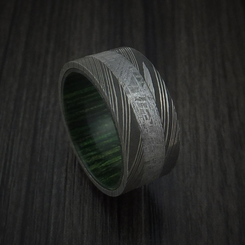 Damascus Steel Ring with Gibeon Meteorite and Hardwood Sleeve Custom Made Band