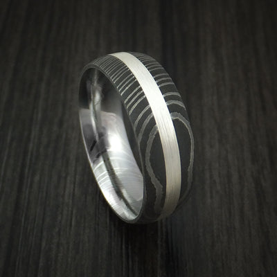 Damascus Steel and Silver Inlay Ring Custom Made Band