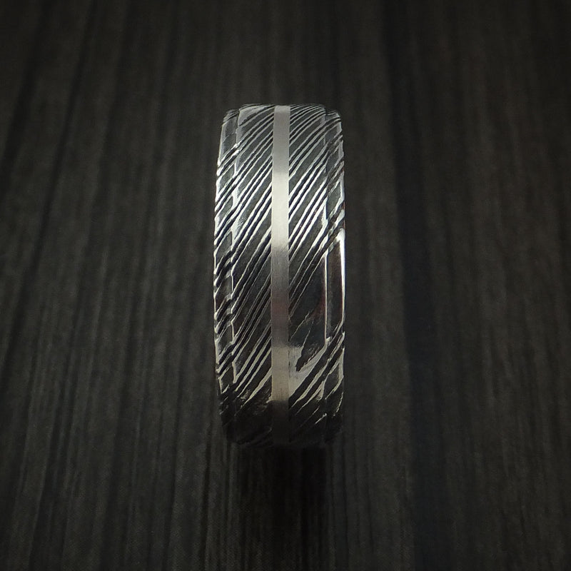 Kuro Damascus Steel 14K Rose Gold Ring with Platinum Inlay Wedding Band Custom Made