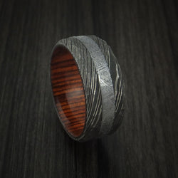 Damascus Steel and Gibeon Meteorite Hammered Ring with Hardwood Sleeve Custom Made Band