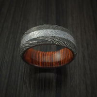 Damascus Steel and Gibeon Meteorite Hammered Ring with Hardwood Sleeve Custom Made Band
