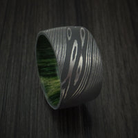 Damascus Steel Ultra Wide Band Custom Made Ring with Jade Wood Sleeve