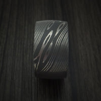 Damascus Steel Ultra Wide Band Custom Made Ring with Jade Wood Sleeve