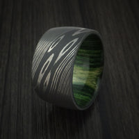 Damascus Steel Ultra Wide Band Custom Made Ring with Jade Wood Sleeve