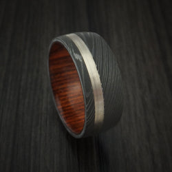 Damascus Steel Ring with 14k White Gold Inlay and Cocobolo Hardwood Interior Sleeve Custom Made Band