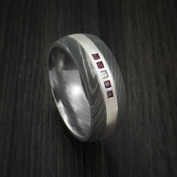 Damascus Steel Band with 4 Rubies and Diamond Set into a Silver Inlay Custom Made Ring