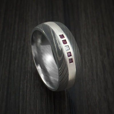 Damascus Steel Band with 4 Rubies and Diamond Set into a Silver Inlay Custom Made Ring