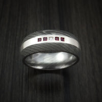 Damascus Steel Band with 4 Rubies and Diamond Set into a Silver Inlay Custom Made Ring