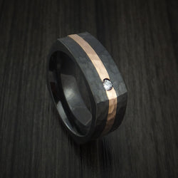 Black Zirconium Square Hammered Ring with 14k Rose Gold and Diamond Custom Made