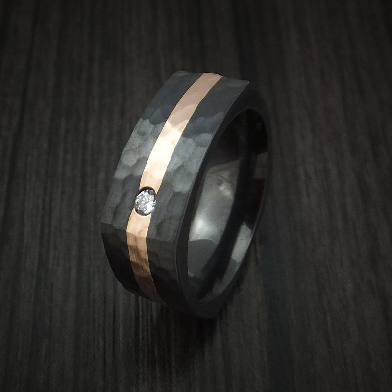 Black Titanium Square Hammered Men's Ring with 14k Rose Gold and Diamond Custom Made