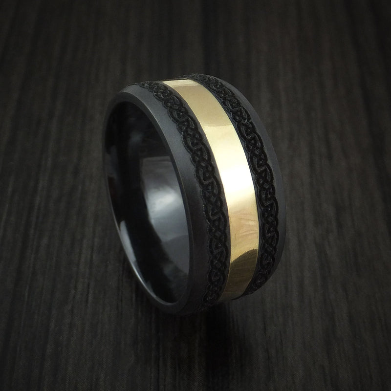 Black Titanium and 18K Yellow Gold Custom Celtic Pattern Men's Ring