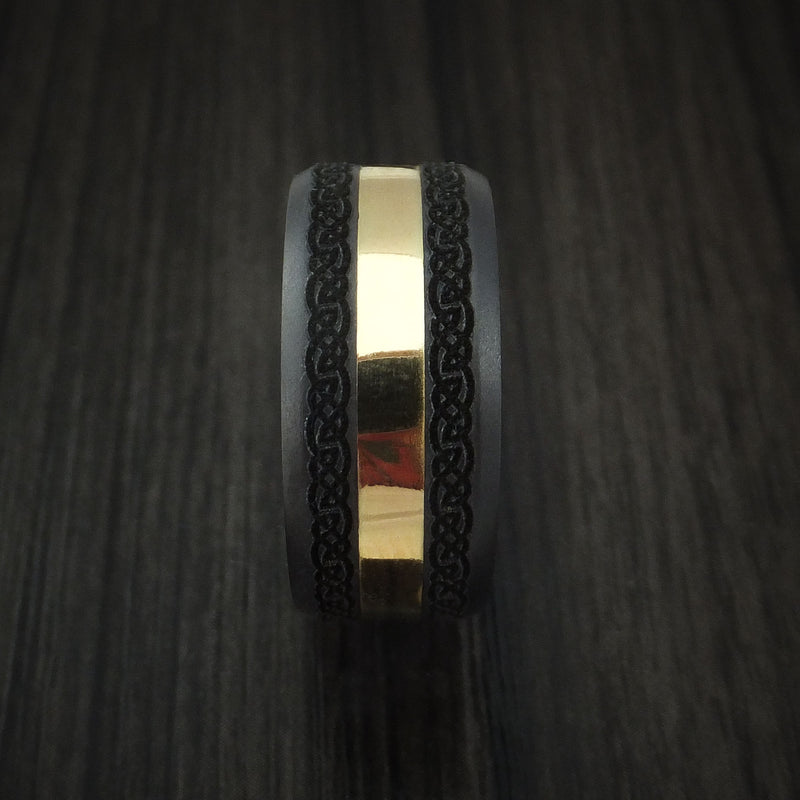 Black Zirconium and 18K Yellow Gold Custom Celtic Pattern Ring