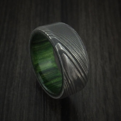 Damascus Steel Ring with Hardwood Interior Sleeve Custom Made