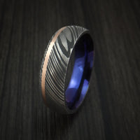 Damascus Steel Ring with 14K Rose Gold Inlay and Anodized Titanium Interior Sleeve Custom Made Band