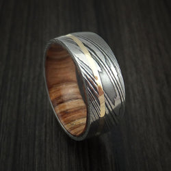 Damascus Steel and 14k Yellow Gold Band Custom Made with Teak Hardwood Sleeve