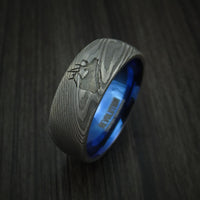 Damascus Steel Band with Anodized Titanium Sleeve and Custom Elk Engraving Hunter's Band