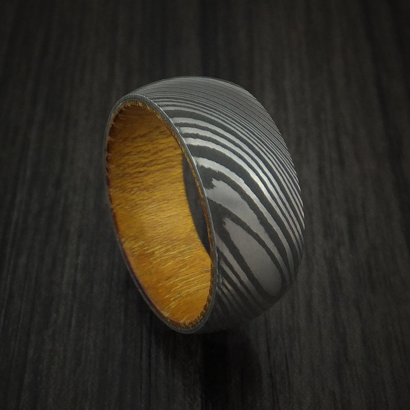 Damascus Steel Ring with Osage Orange Hardwood Interior Sleeve Custom Made
