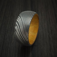 Damascus Steel Ring with Osage Orange Hardwood Interior Sleeve Custom Made