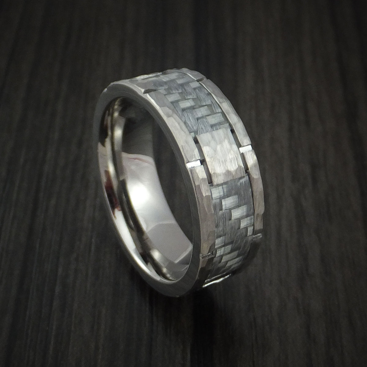 Cobalt Chrome Hammered Men's Ring with Silver Carbon Fiber Inlay Custo ...