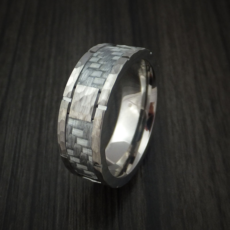 Cobalt Chrome Hammered Ring with Silver Carbon Fiber Inlay Custom Inlay