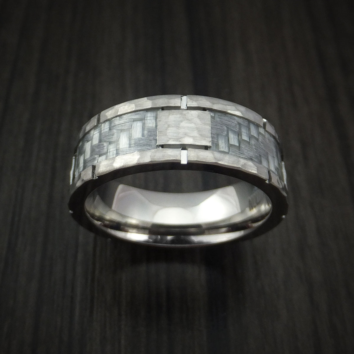 Cobalt Chrome Hammered Men's Ring with Silver Carbon Fiber Inlay Custo ...