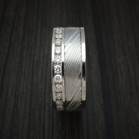 14K White Gold and Diamond Eternity Ring with Kuro Damascus Steel and Titanium Sleeve Custom Made Band